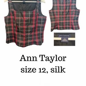 Ann Taylor Black Plaid Sleeveless Silk Top with Red Accents